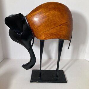 Handmade Brutalist Elephant Wood Iron Sculpture 15" x 11 x 4" Trunk Down Black B